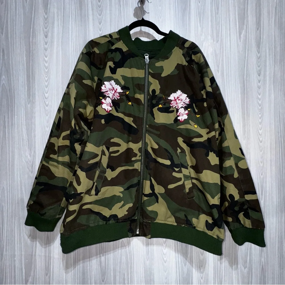 IRO Iroochi Reversible Camo Green Bomber Jacket Embroidered Tiger‎ Floral 2XL